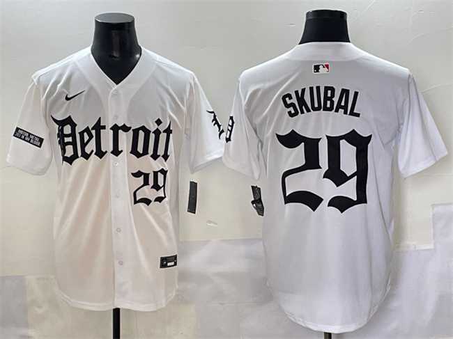 Mens Detroit Tigers #29 Tarik Skubal White Motor Gothic Edition Vapor Premier Limited Stitched Jersey